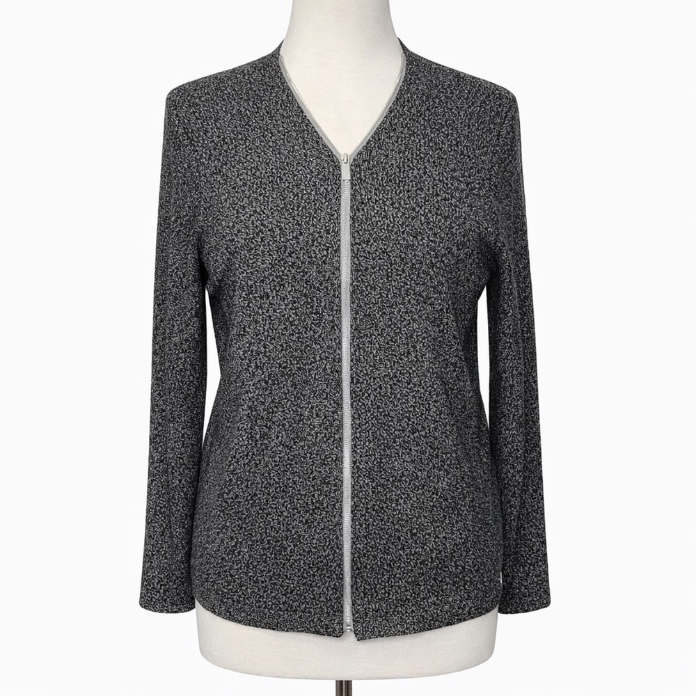 Calvin Klein Black White Speckled Knit Full Zip Cardigan Sweater Womens XL Layer